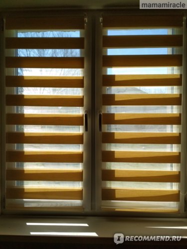 Рулонные шторы День-ночь вид со стороны комнаты в солнечную погоду днём