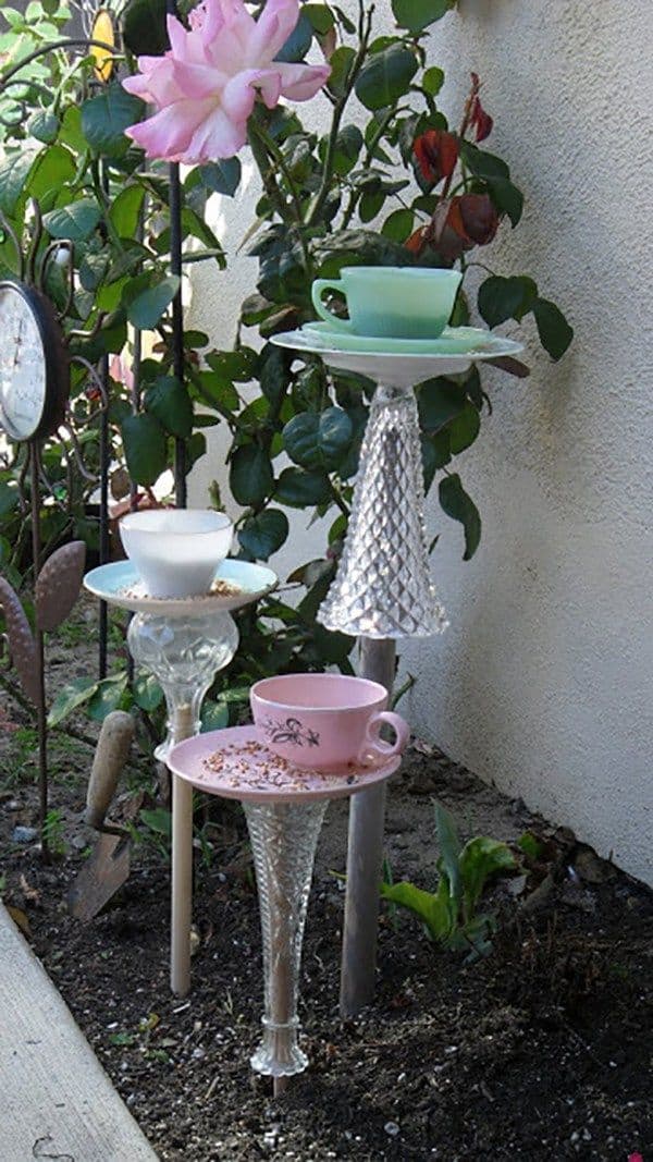 Upcycled china and vase feeders
