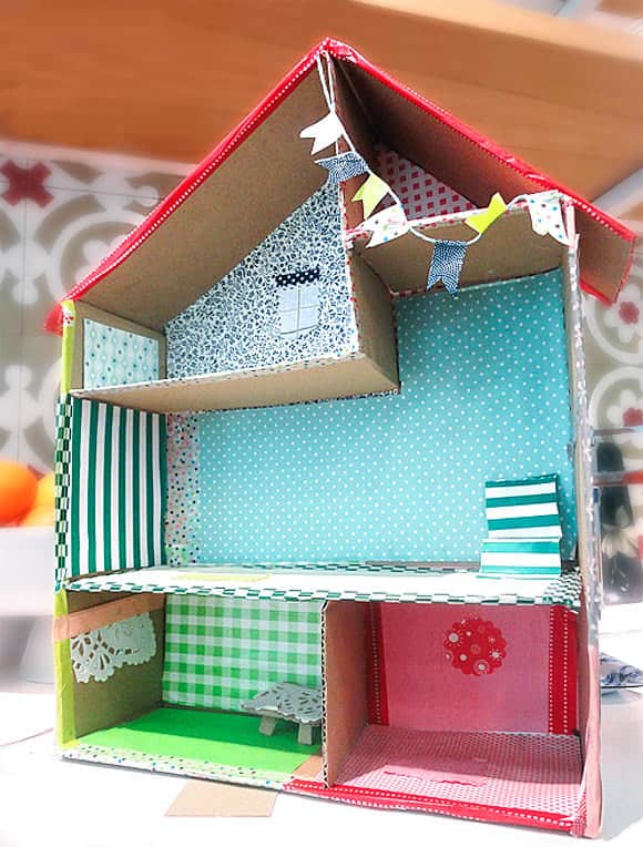 Wallpapered cardboard dollhouse