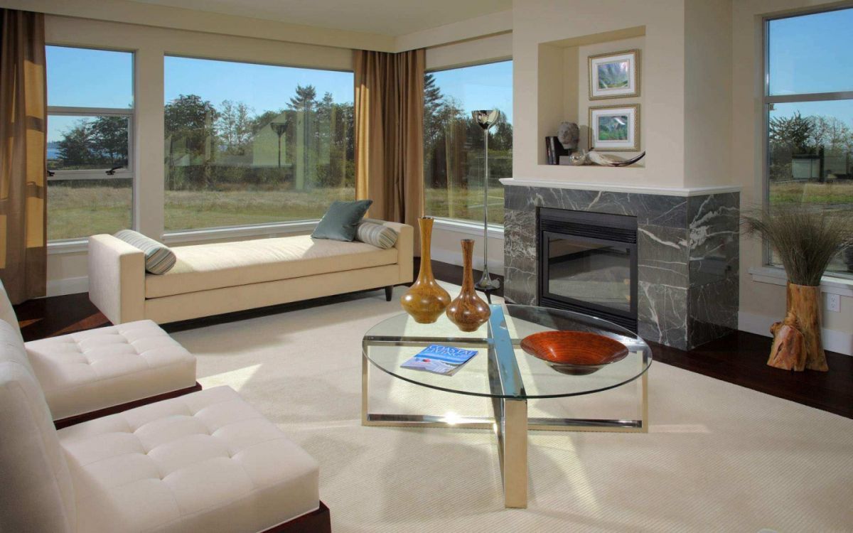 Dark marble tile around the fireplace