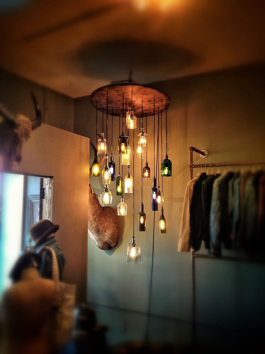 Liquor bottle chandelier