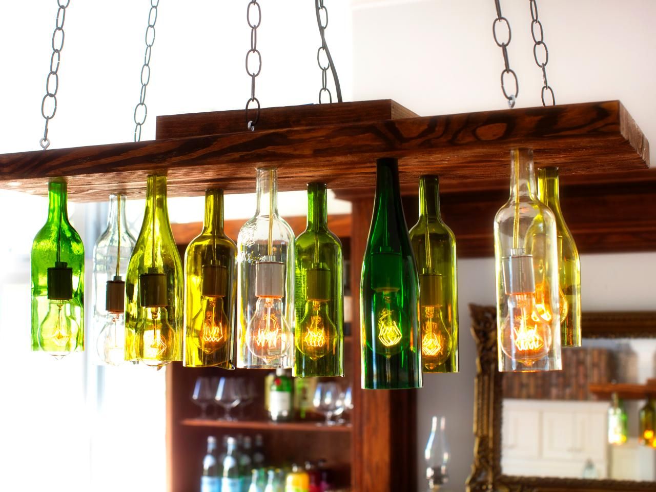 Wine bottles turned into chandelier lighting