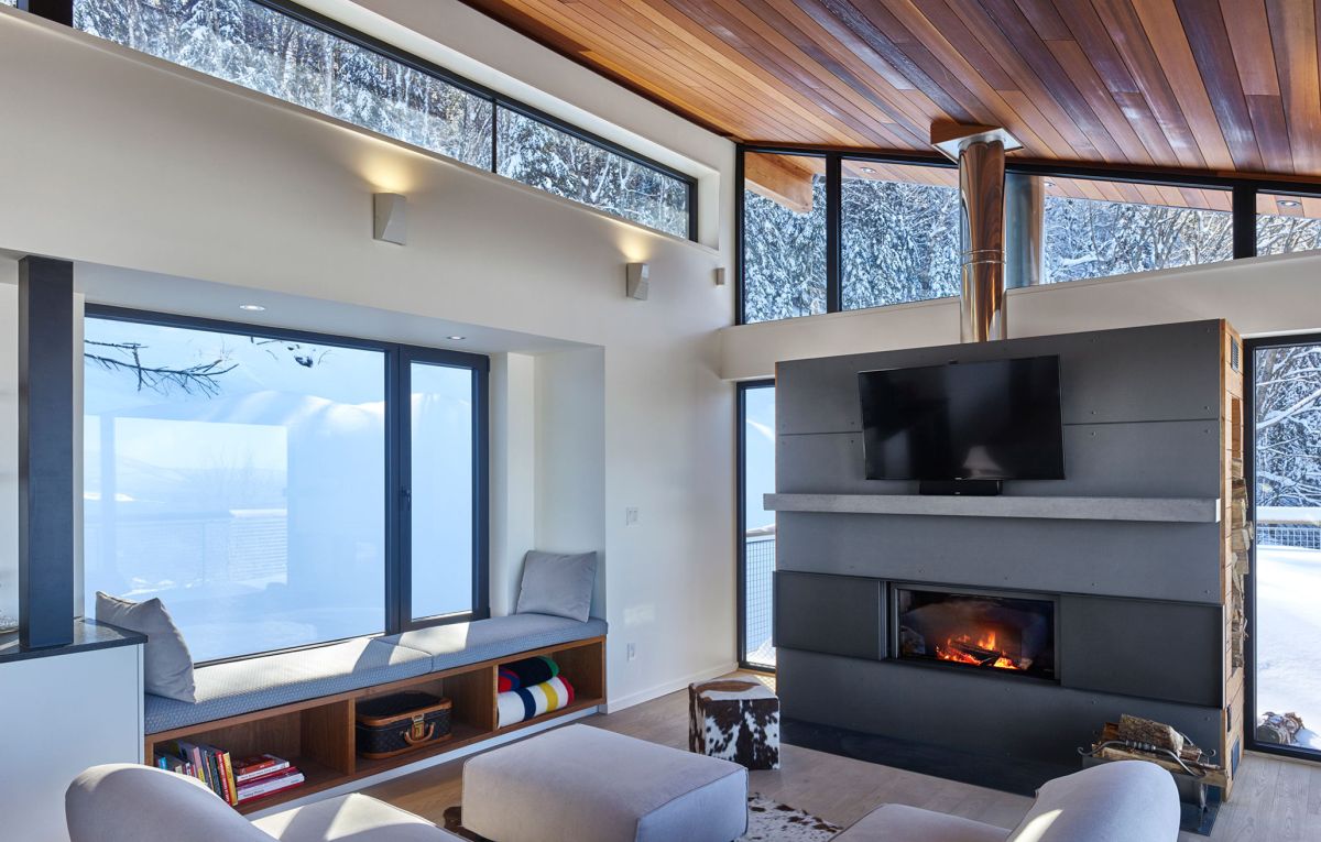 Laurentian ski chalet living room fireplace