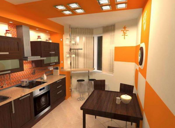 оранжевый интерьер кухни с эркером