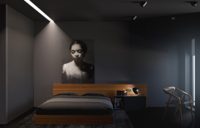 спальня в черных тонах в стиле минимализм