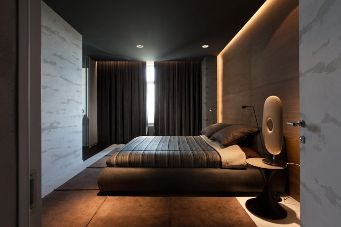 интерьер коричневой спальни в стиле минимализм