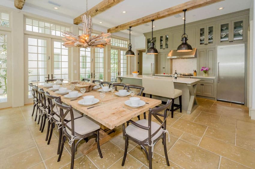 Single wall open kitchen design with green cabinets and rectangular island