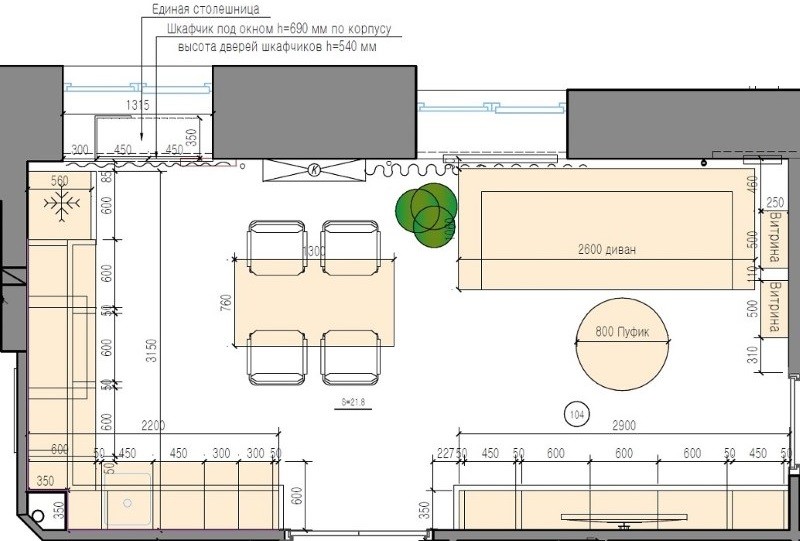 План-схема кухни-гостиной площадью 15 квадратов