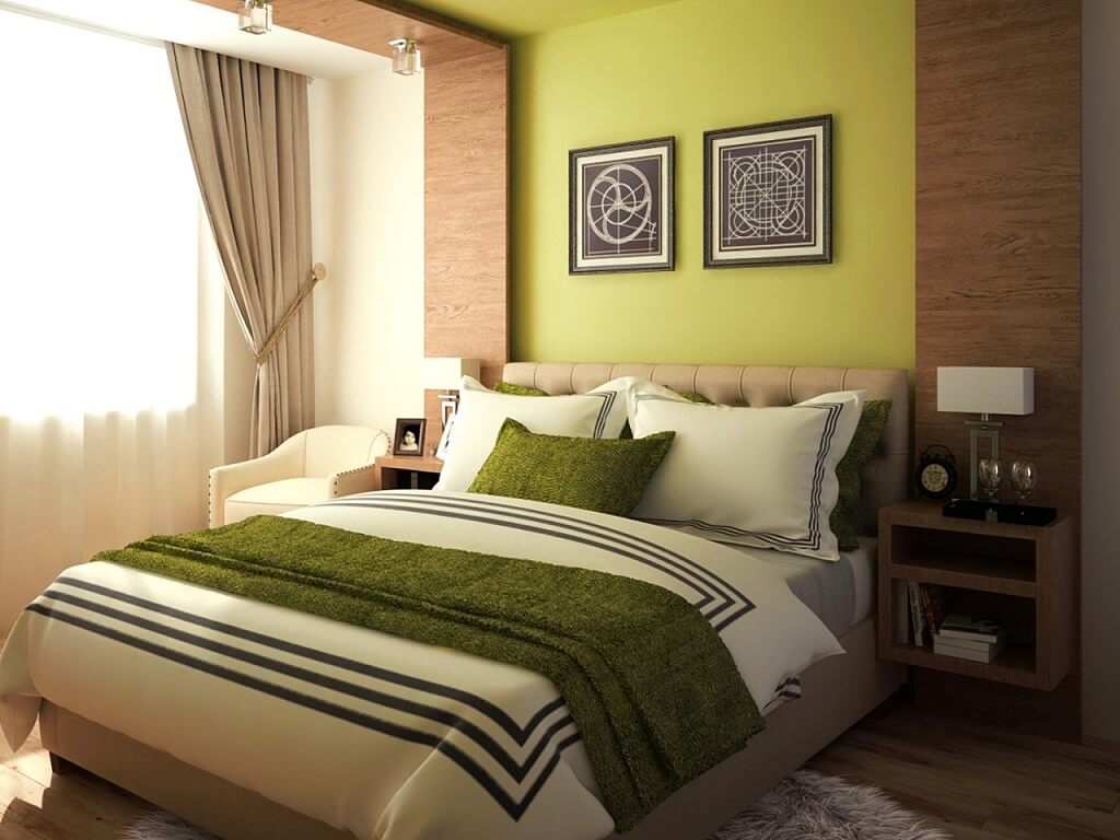 спальня в коричневых тонах с зеленым