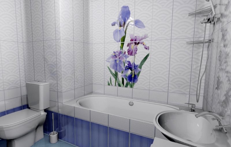 Сиреневые цветы на пластиковых панелях в ванной