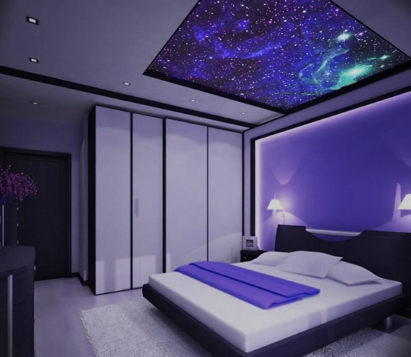Дизайн глухой спальни со звездным небом на потолке