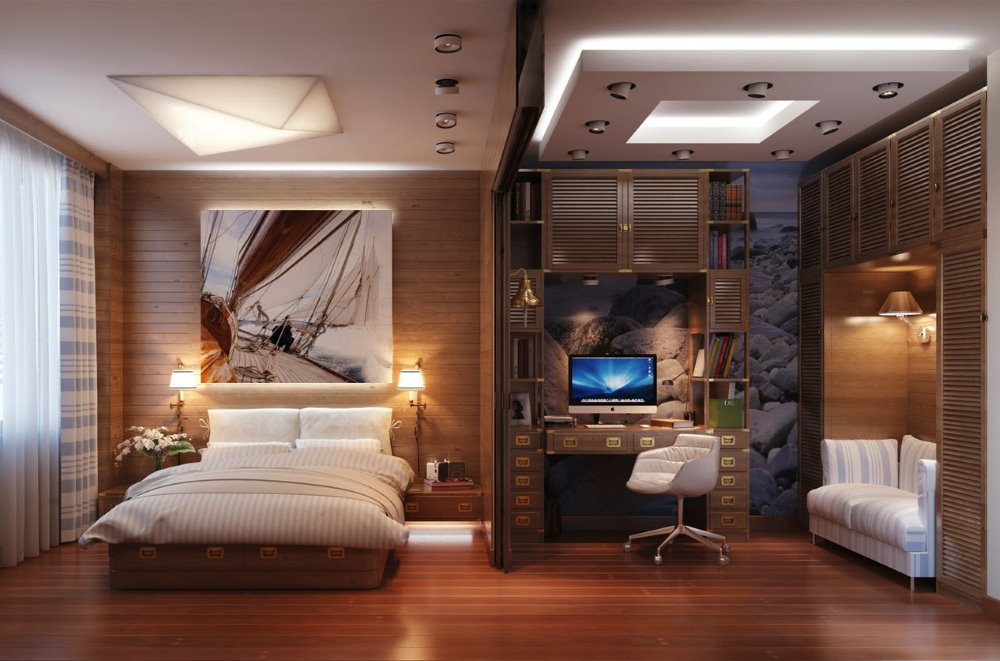 Многоуровневый потолок в кабинет-спальне
