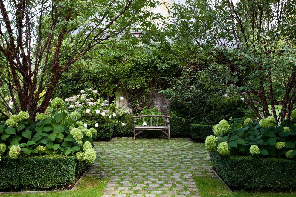 Метельчатая гортензия на клумбе в саду английского стиля