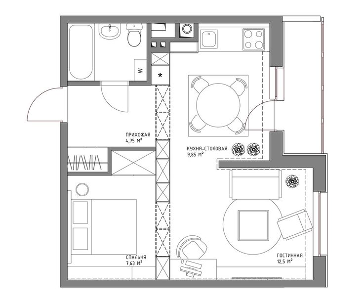 План однокомнатной квартиры площадью 44 кв метра