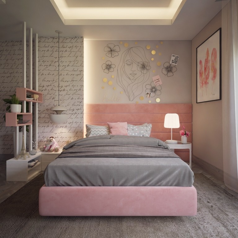 серо розовая спальня лофт