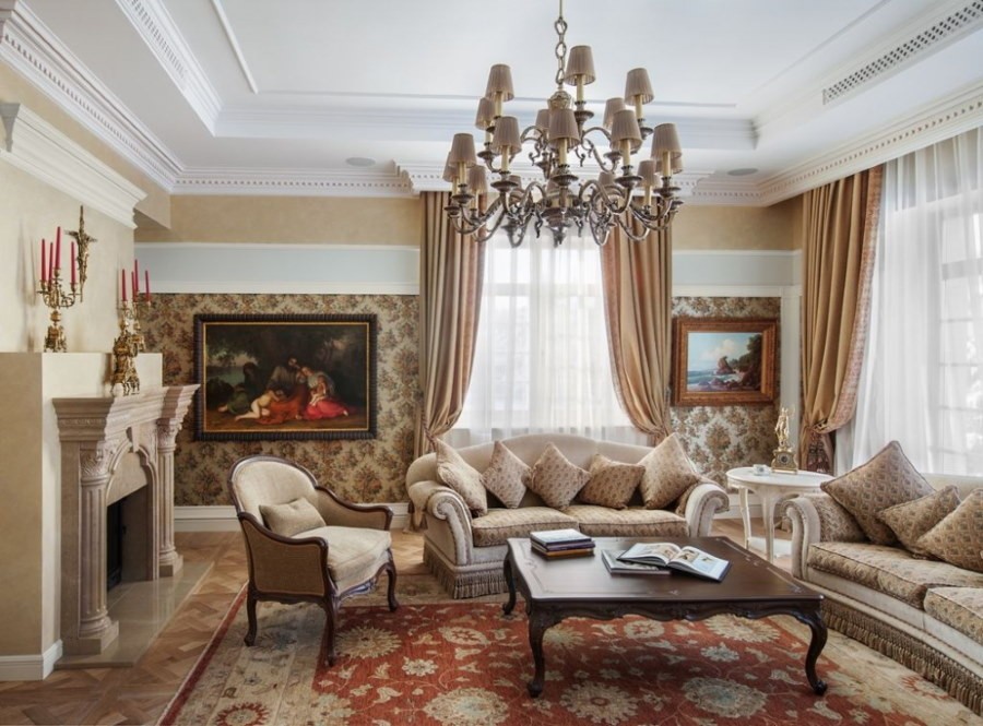Интерьер гостиной с двумя диванами в стиле классики