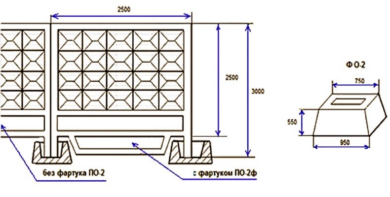 Чертеж железобетонного забора на стаканах с фартуком и без