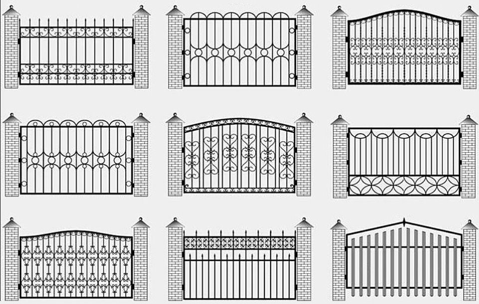 Эскизы кованных секций забора с кирпичными опорами