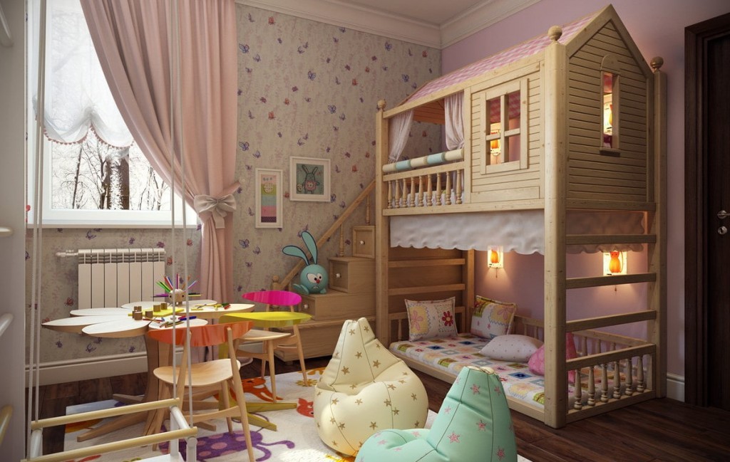 Двухъярусная кровать-домик в спальне девочек