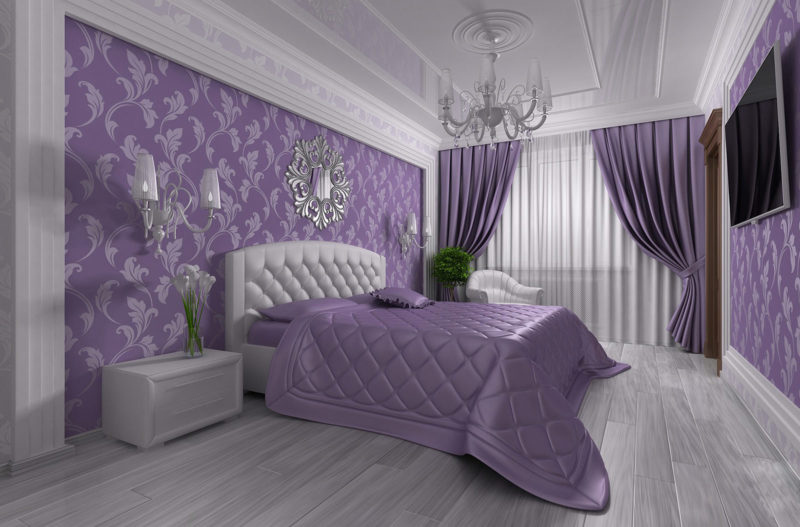 Оформление помещения фиолетовыми шторами