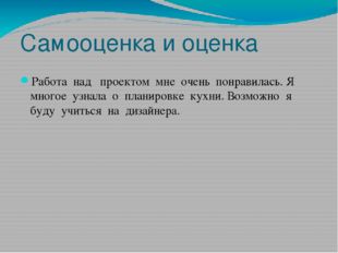 Самооценка и оценка Работа над проектом мне очень понравилась. Я многое узнал