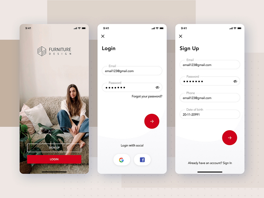 Login and Signup Screens for Furniture App