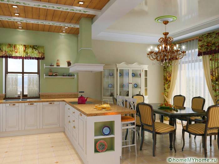 В кухонной зоне и гостиной можно использовать разные варианты осветительных приборов