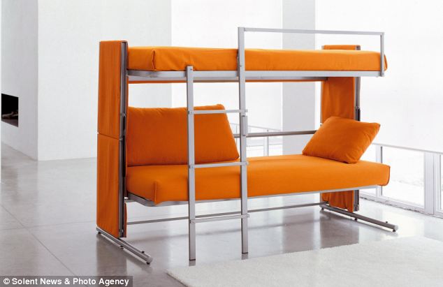 The smaller version of the unique two-seated sofa is 206cm wide and 149cm tall when it is extended into a bunk bed