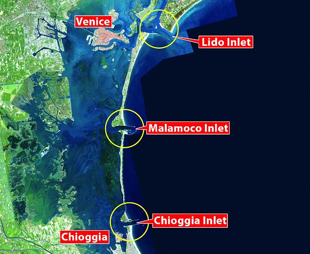 This map shows the three inlets where gates have been constructed, which can be raised to stop flooding inside the lagoon