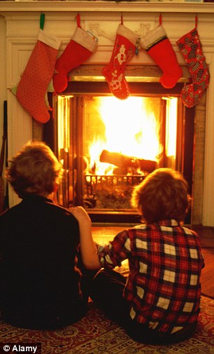Two boys in front of the fireplace on Christmas