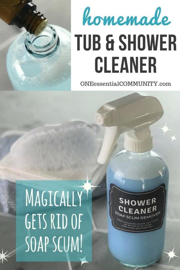 Magic homemade shower cleaner shines, cleans, and disinfects tubs, tile, and glass shower doors with practically no scrubbing to get rid of soap scum, hard water stains, dirt, grease, grime, mold & mildew. Just 3 ingredients (Dawn, vinegar, and essential oils) makes shower clean, shiny, and sparkly! {essential oil cleaner, essential oil shower cleaner, essential oil shower spray} #essentialoilrecipes, doTERRA, Young Living, essential oil cleaner