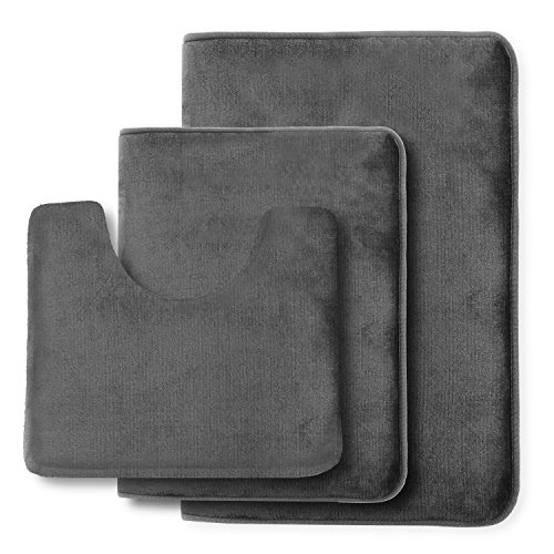 Clara Clark Non Slip Memory Foam Tub-Shower Bath Rug Set, Includes 1 Small Size 17 x 24 in. 1 Large Size 20 X 32 in. 1 Contour Rug 24 x 19 In. - Gray