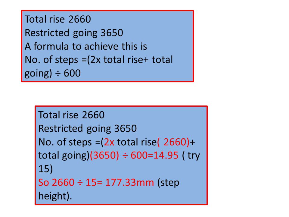 Total rise 2660 Restricted going 3650 A formula to achieve this is No.