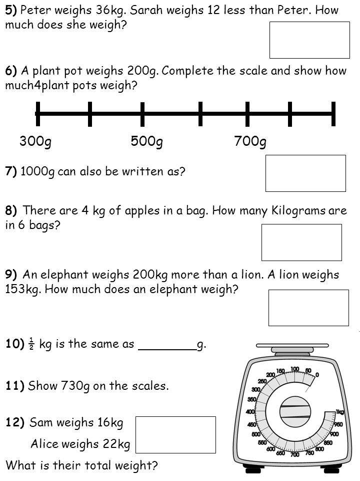 5) Peter weighs 36kg. Sarah weighs 12 less than Peter.