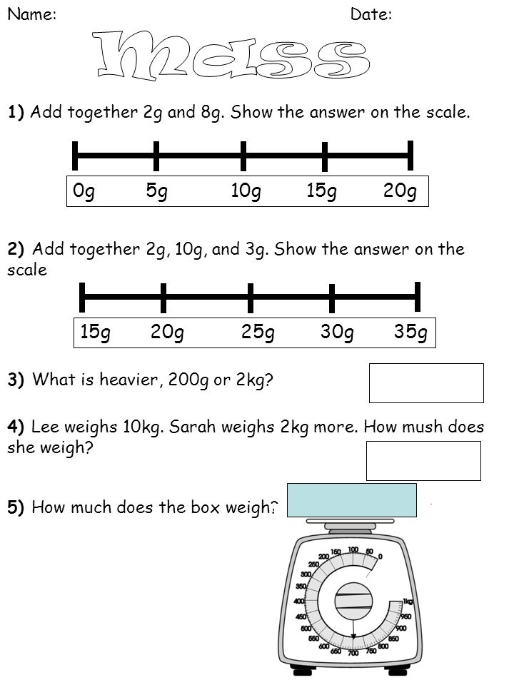 Name:Date: 1) Add together 2g and 8g. Show the answer on the scale.