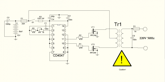 Изготовление простого преобразователя 12-220В, 50Гц
