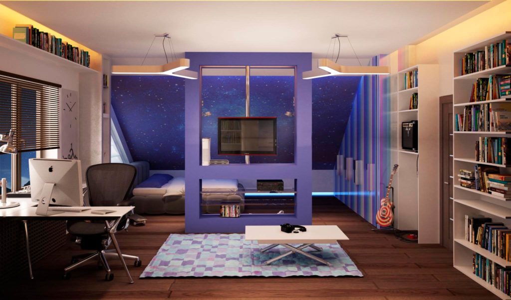 Комната подростка с книжными шкафами в интерьере