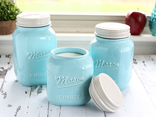 Sparrow Decor Mason Jar Kitchen Canister Set - Set of 3 Kitchen Canisters - Large, Round Ceramic Sets for Vintage, Rustic, or Farmhouse Look - Storage for Flour, Sugar, Tea, Coffee and More (Blue)