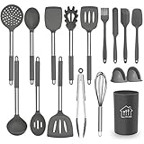 Silicone Cooking Utensil Set, AILUKI Kitchen Utensils 17 Pcs Cooking Utensils Set,Non-stick Heat Resistant Silicone,Cookware with Stainless Steel Handle - Grey