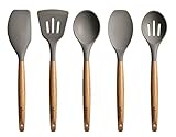 Miusco Non-Stick Silicone Cooking Utensils Set with Natural Acacia Hard Wood Handle, 5 Piece, Grey, High Heat Resistant