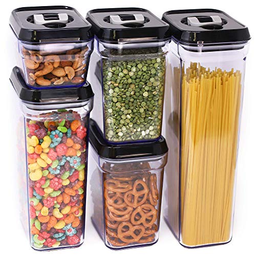 Zeppoli Air-Tight Food Storage Container Set - 5-Piece Set - Durable Plastic - BPA Free - Clear Plastic with Black Lids (2.0 qt/2.3 liters) (1.5 qt./1.7 liters) (0.9qt/1.0 liter) (0.35qt/0.38 liter)