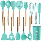 MIBOTE 14PCS Silicone Cooking Kitchen Utensils Set with Holder, Wooden Handles Cooking Tool BPA Free Non Toxic Turner Tongs Spatula Spoon Kitchen Gadgets Set for Nonstick Cookware (Green)
