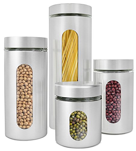 Estilo 4 Piece Brushed Stainless Steel and Glass Canisters with Window, Silver