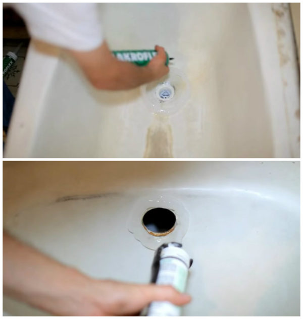 Нанесение герметика вокруг сливных отверстий