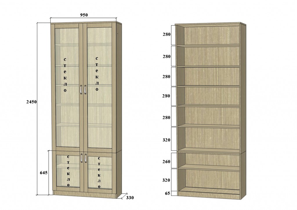 Размеры книжного шкафа