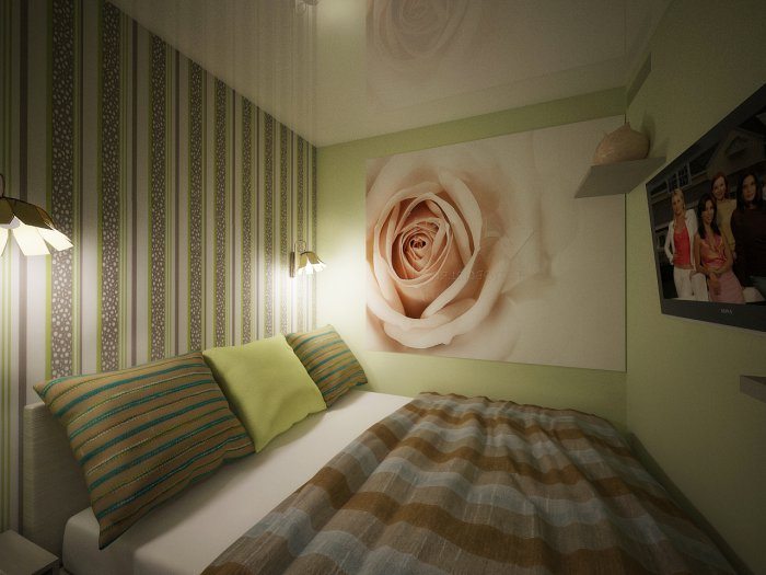 На фото изображена «глухая» маленькая спальня с двумя бра у изголовья кровати и телевизором, расположенным на противоположенной стене.