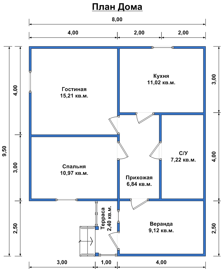 План дома 1 этаж 8 на 8