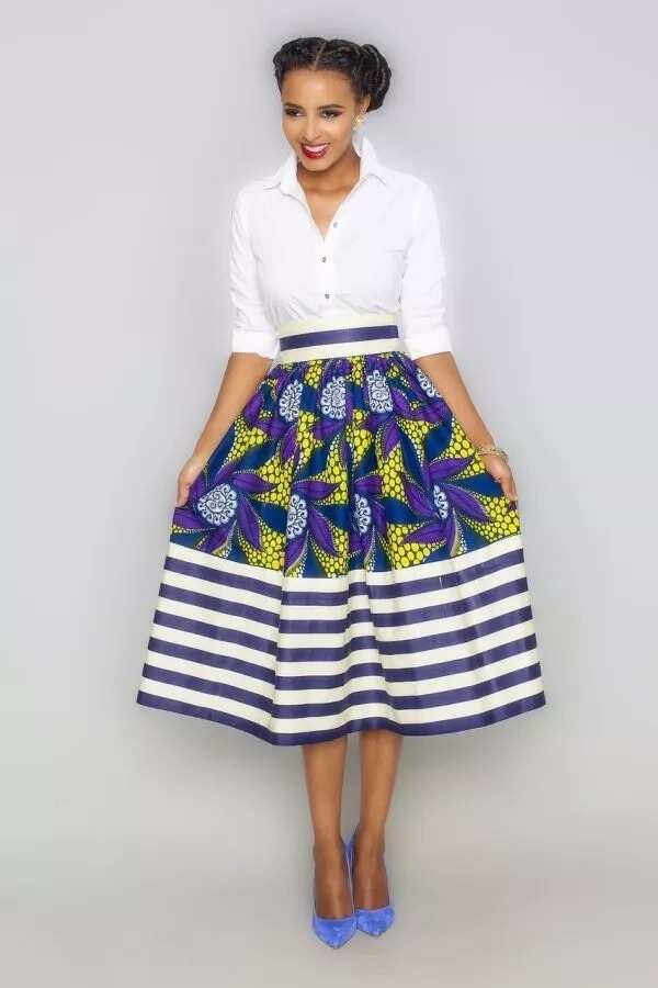 Plain white blouse and patterned midi skirt