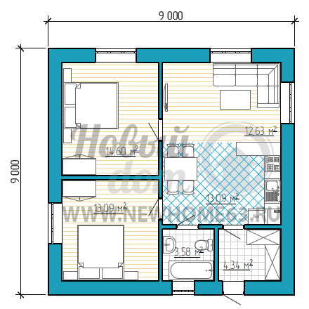 Планировка коттеджа 9 на 9 с двумя спальными, общей зоной кухни и гостиной.
