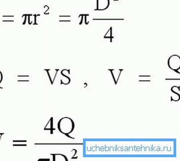 Формулы подсчета площади цилиндра и объема жидкости, проходящей через него